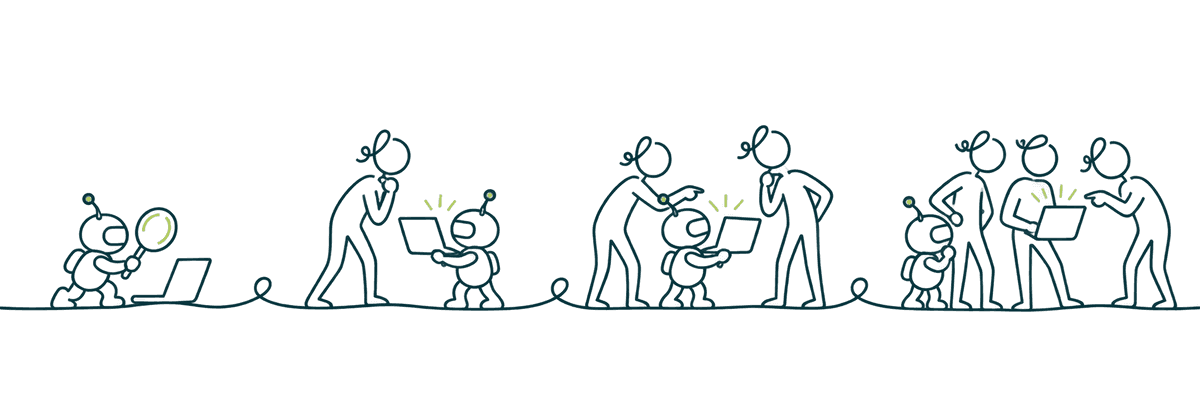 Four La Linea-style illustrations: an agent reviews alone, the author reviews with an agent, a peer joins, and the team reviews together.